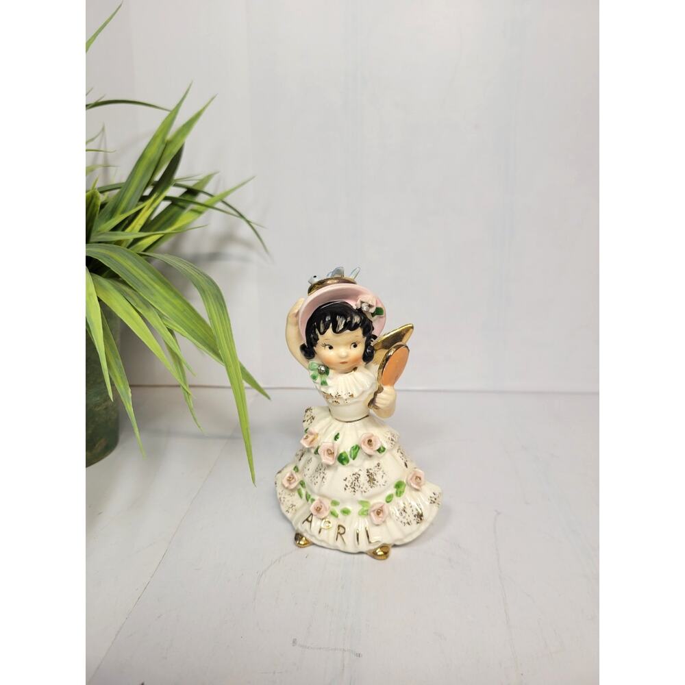 Vintage Lefton April Birthday Angel Figurine 1987J Blue Bird Mirror 1957 Japan